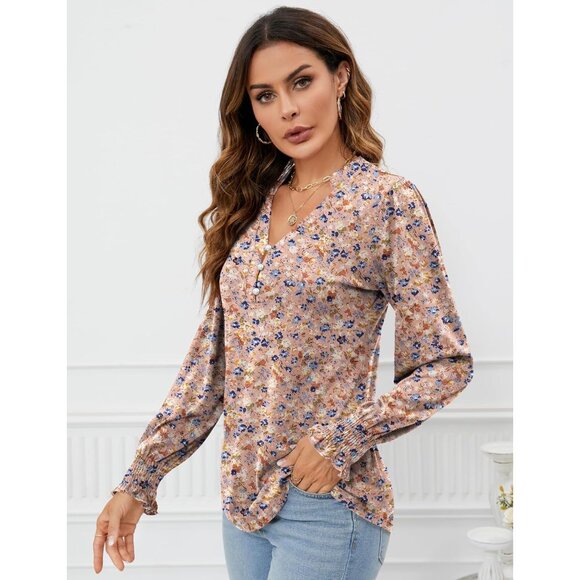 Women’s V Neck Puff Long Sleeve Blouse Casual Dressy Fall Top Large - Picture 4 of 4